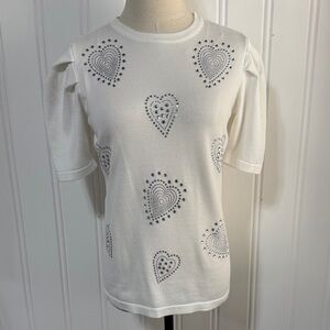 NWT Madison Elbow Sleeve Rhinestone Heart White Pull Over Sweater size M